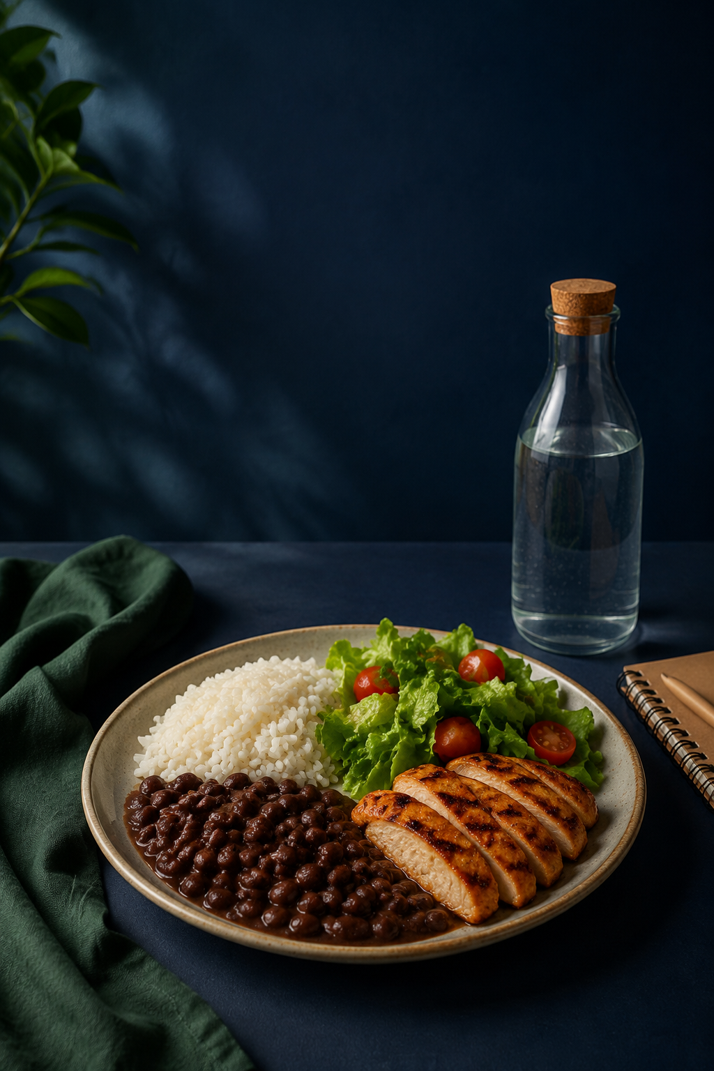 Prato com arroz, feijão, frango e salada
